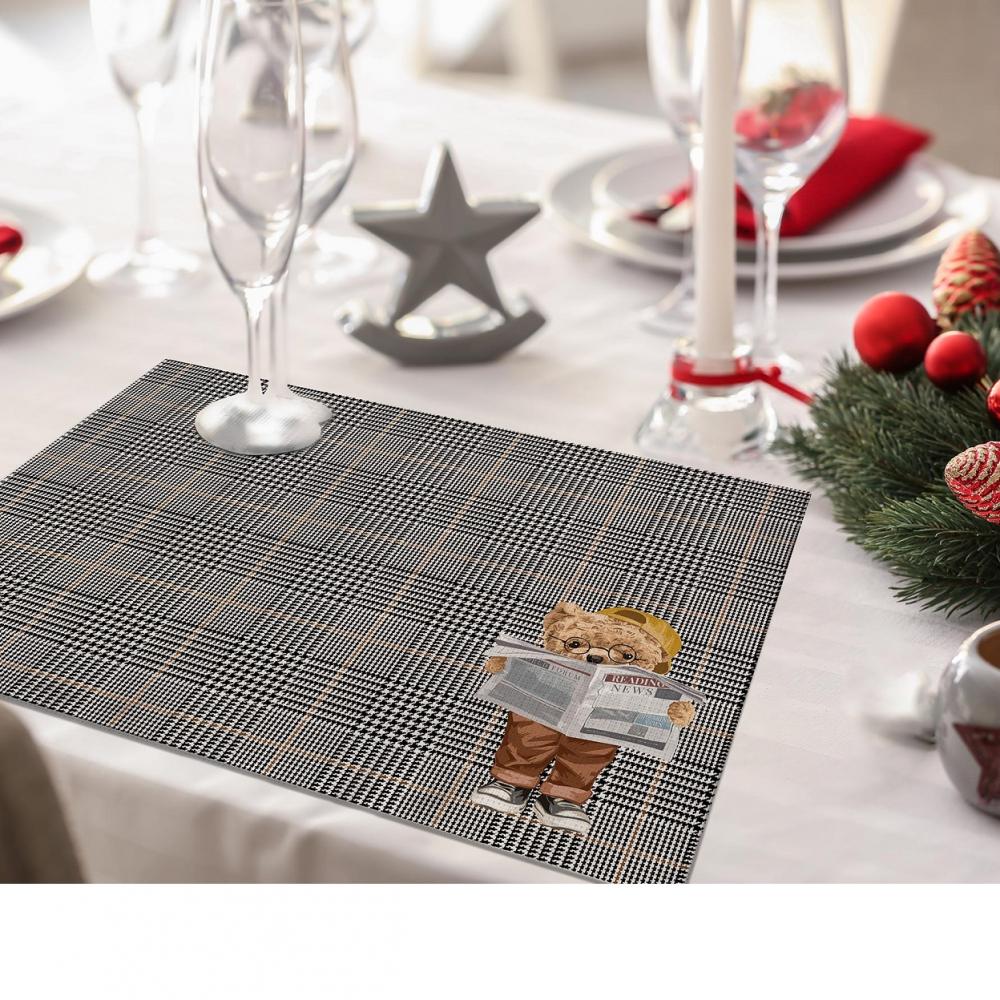 Teddy Gazette Ekose Desenli Ayıcık Baskılı Amerikan Servis – 4'lü Set (35x50 cm)