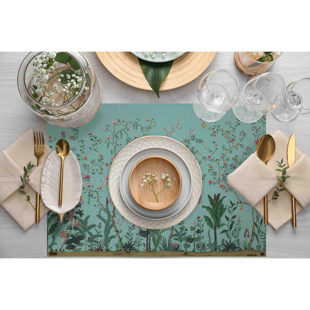 Tropikal Turkuaz Çiçek Bahçesi Desenli Amerikan Servis Seti – 4'lü 30x50 cm