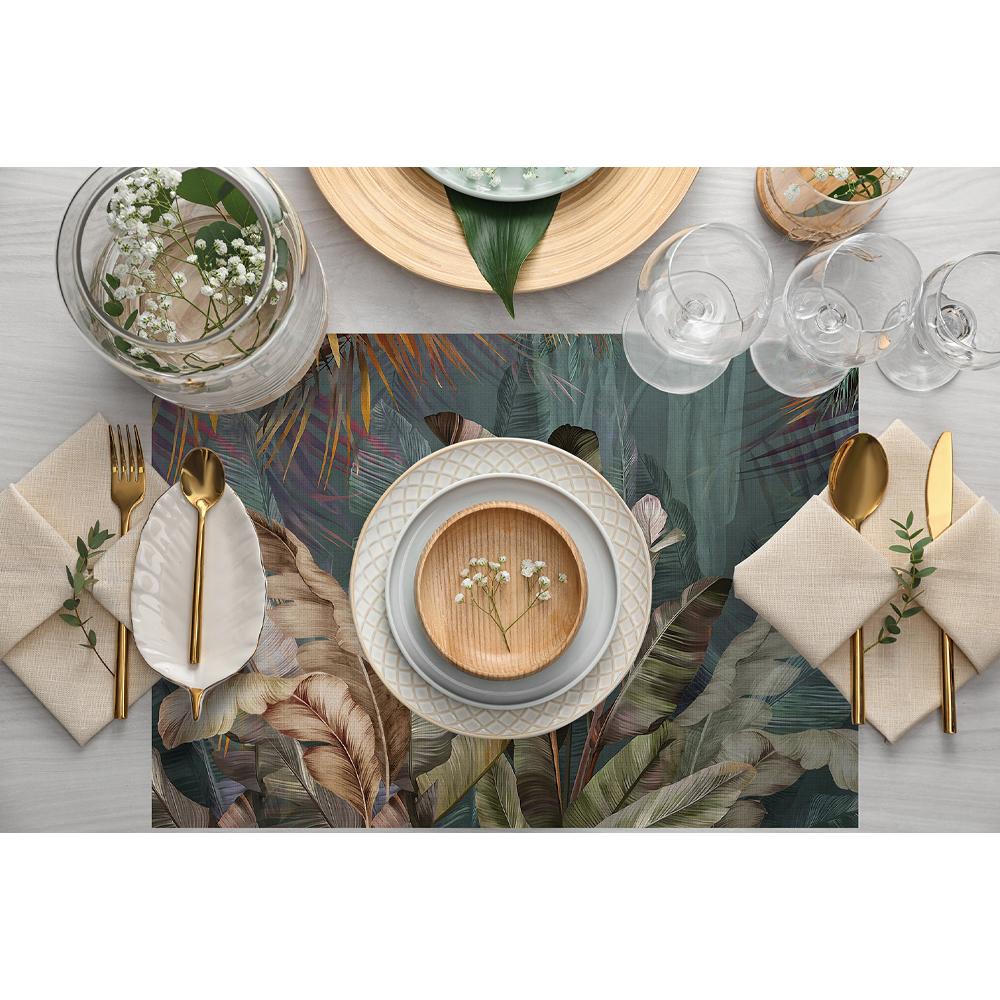 Tropikal Yaprak Desenli Şık Koltuk Servis Takımı – 4'lü Set 30x50 cm