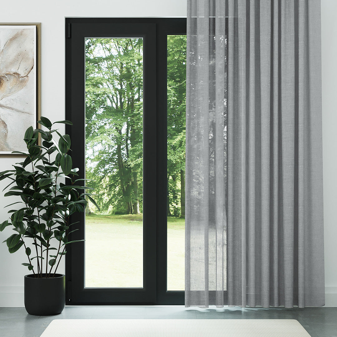 Gri Petek Desenli Keten Düz Tül Perde | Leona