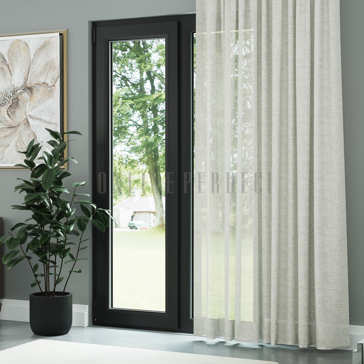 Açık Gri Natural Efekt İplikli Keten Düz Tül Perde - Fibrella