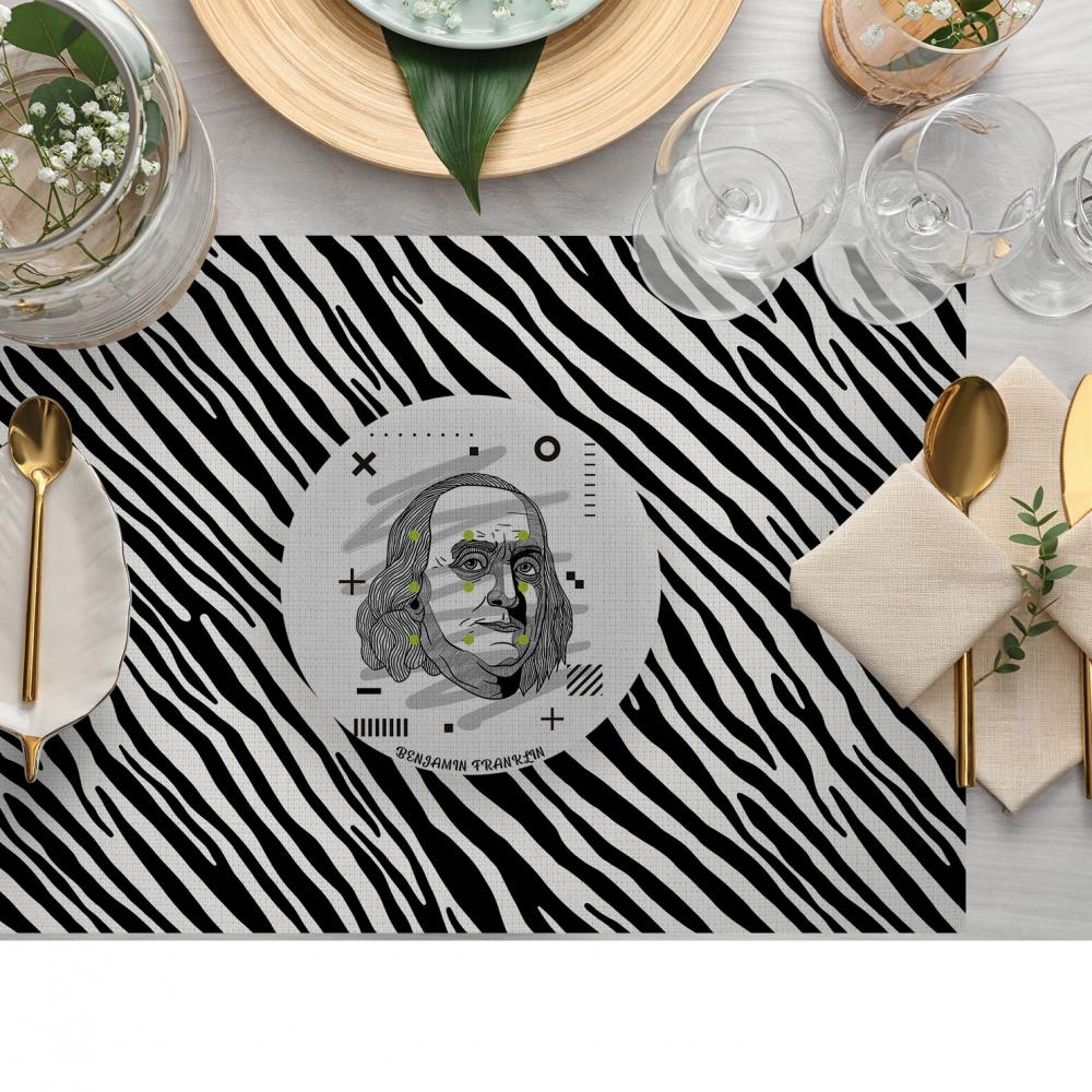 Zebra Desenli İkonik Yıldız Desenli Sanat Baskılı Amerikan Servis – 4'lü Retro Takım (30x50 Cm)