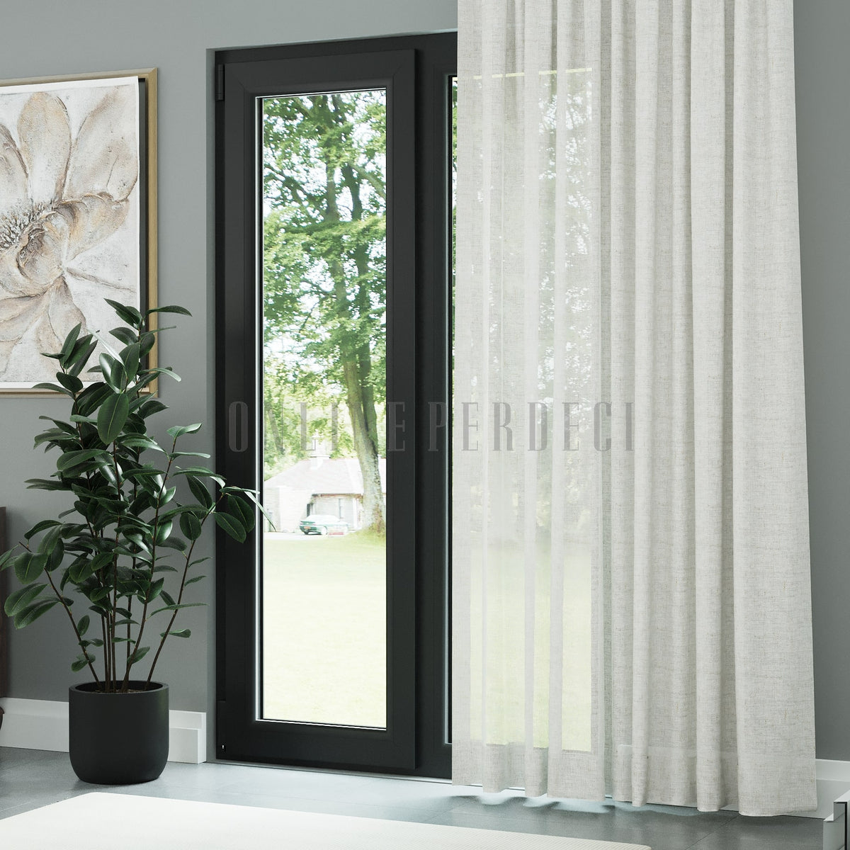 Beyaz Natural Efekt İplikli Keten Düz Tül Perde - Fibrella