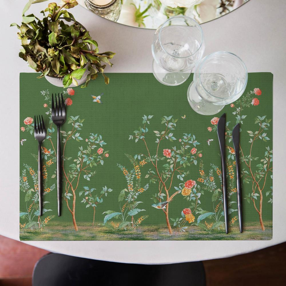 Nature Garden – Kuş ve Çiçek Desenli Yeşil Amerikan Servis Takımı- 4'lü Set (35X50 cm)