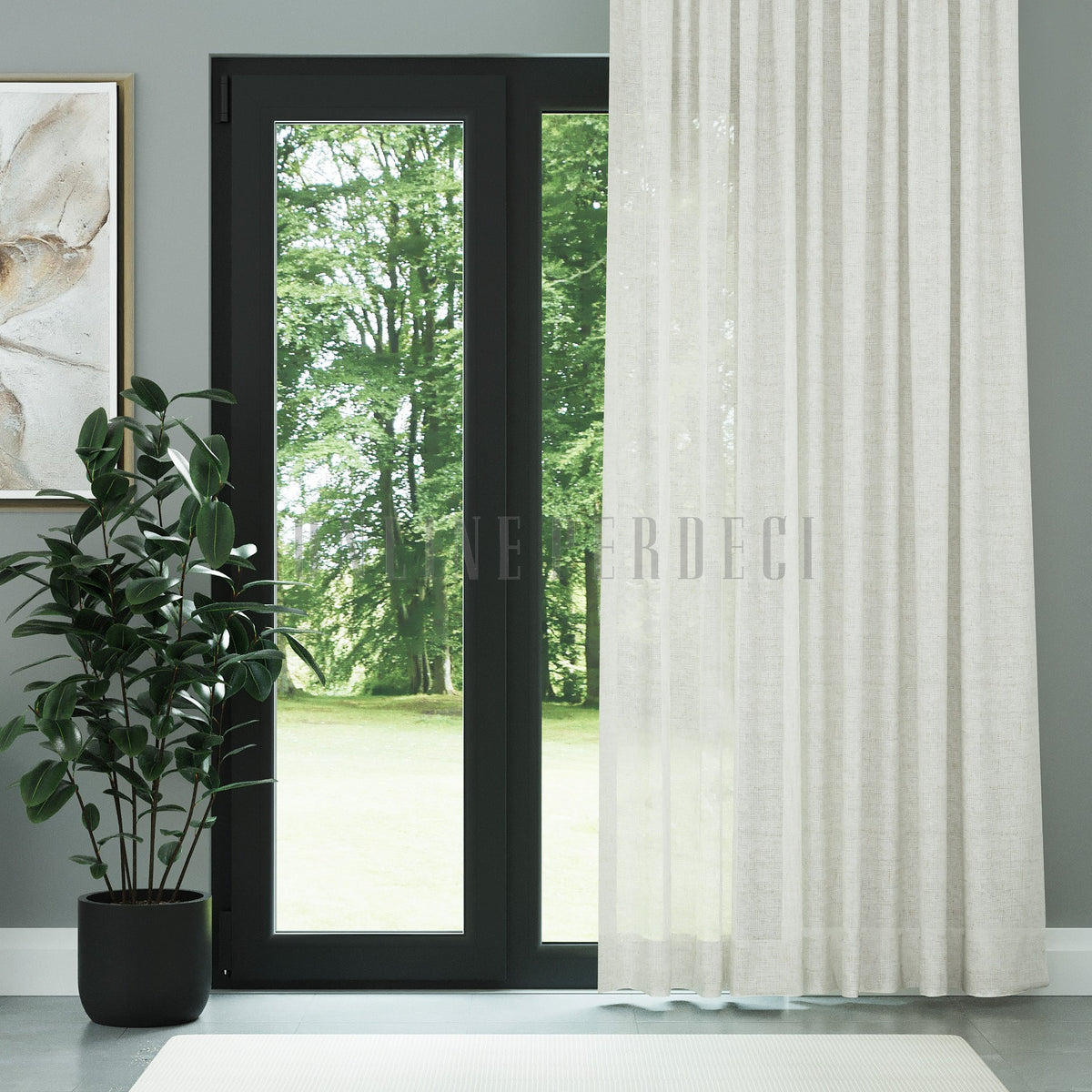 Ekru Natural Efekt İplikli Keten Düz Tül Perde - Fibrella