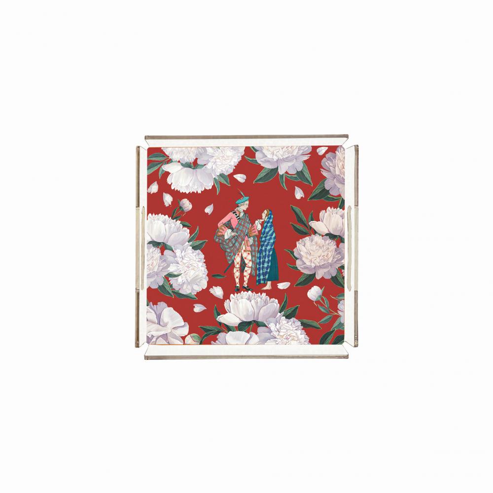 Kırmızı - Beyaz Gül Desenli Tepsi - PT2105 - 25x25cm