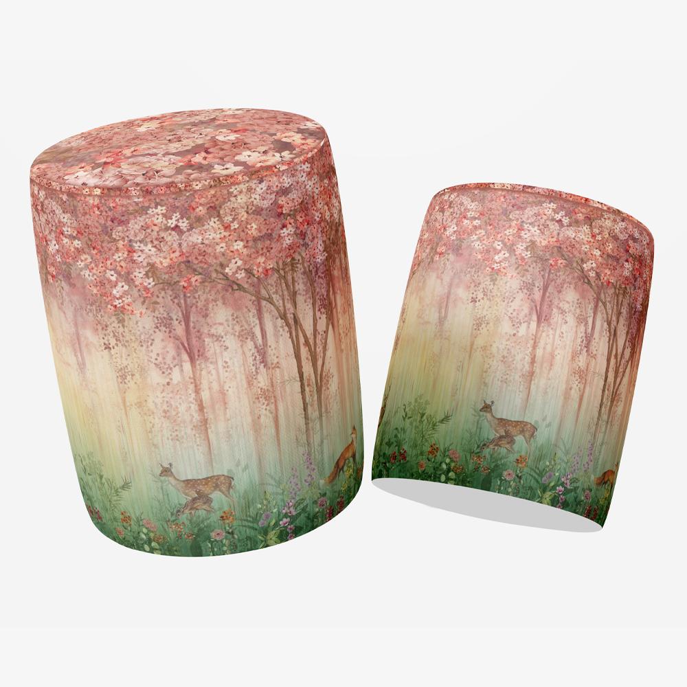 Kırmızı Mini Çiçekler ve Ceylanlar Puf