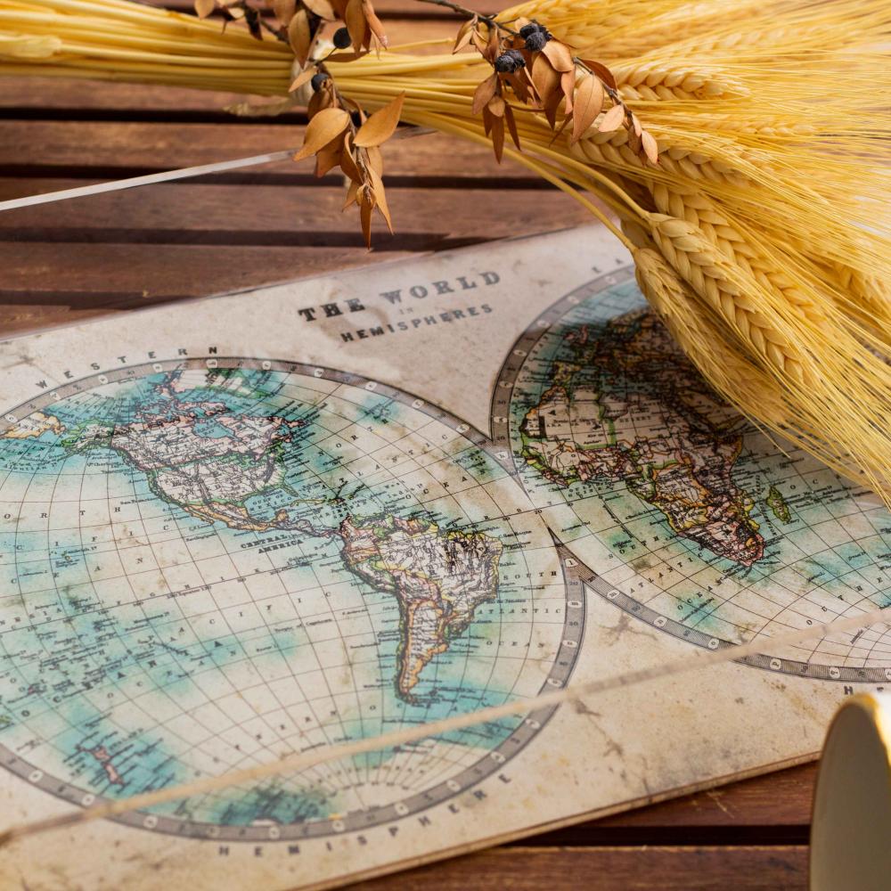 Vintage Dünya Haritası Pleksi Tepsi - PT2118 - 40x24cm