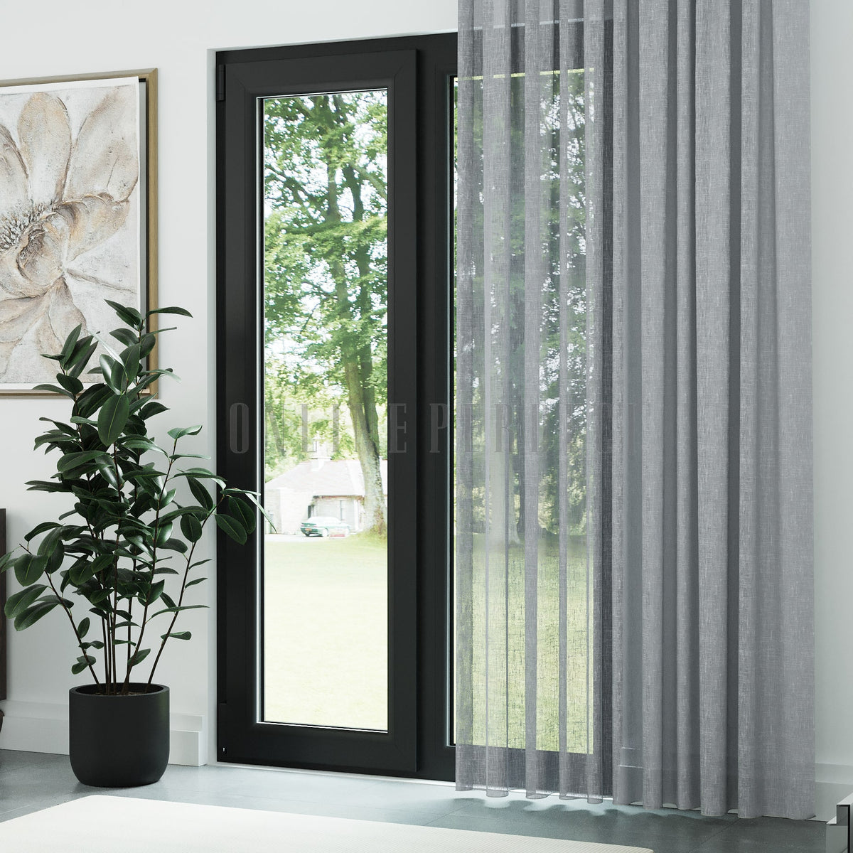 Gri Folded Keten Düz Tül Perde - Folima