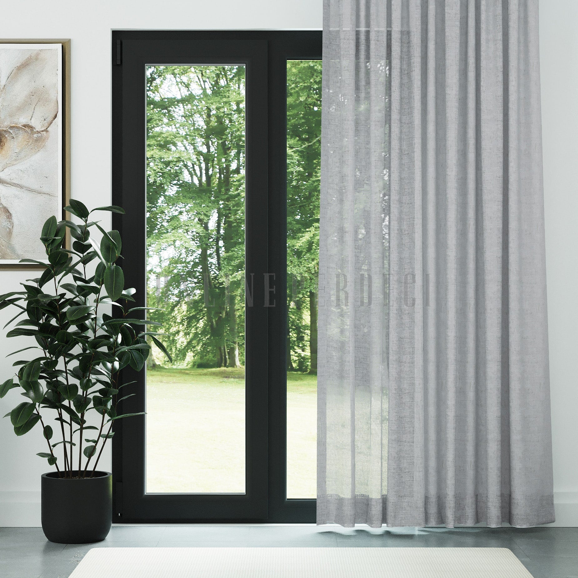 Gri Natural Efekt İplikli Keten Düz Tül Perde - Fibrella