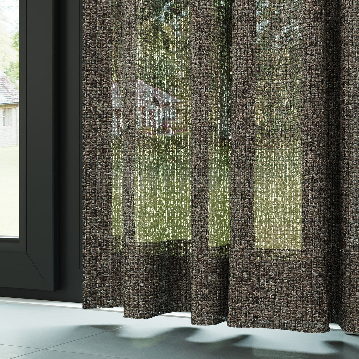 Kahverengi Şönil Efekli File Kalın Düz Tül Perde - Senova