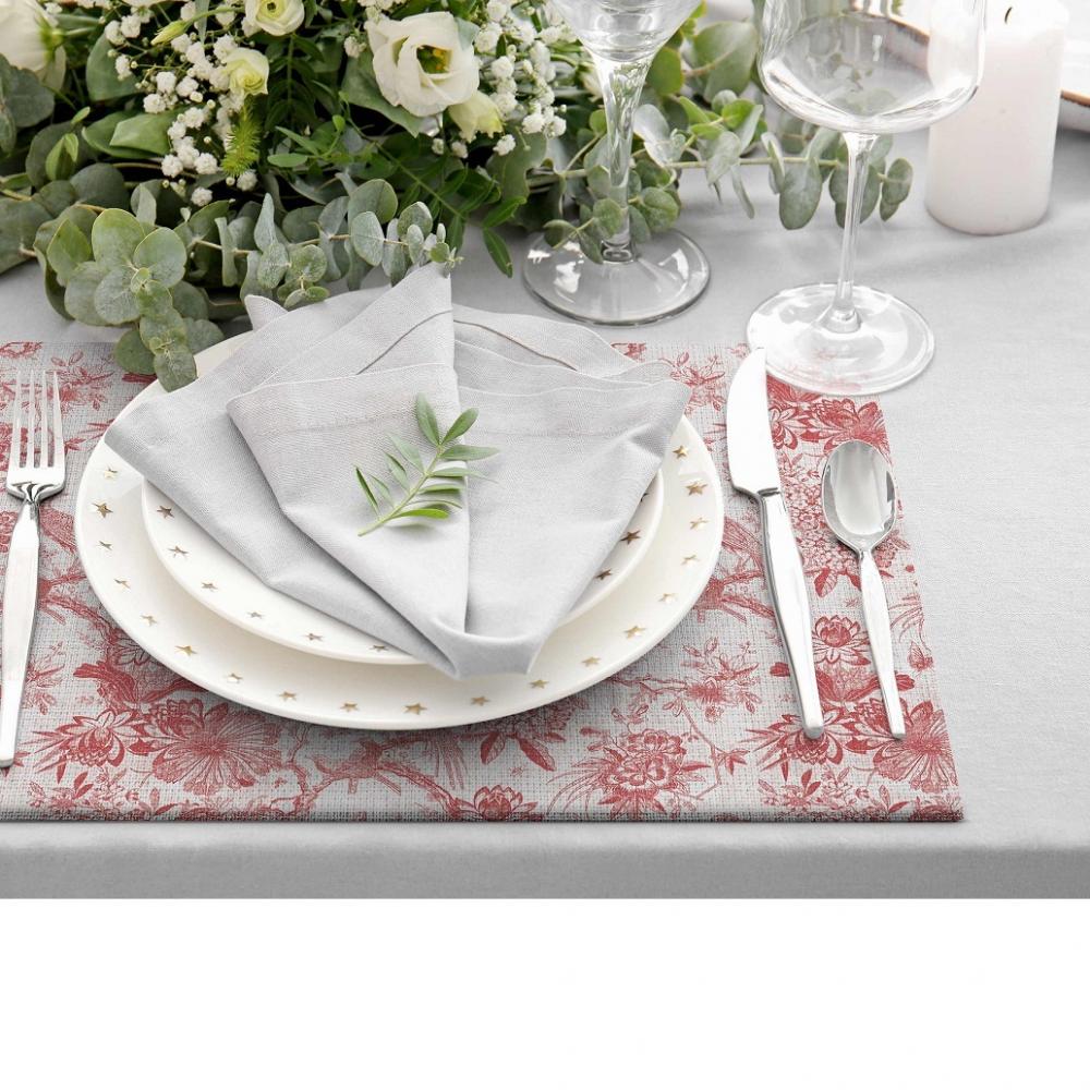 Romantik Desenli Kırmızı Kuş ve Çiçek Motifli Amerikan Servis Seti - 4'lü Set (30x50 cm)