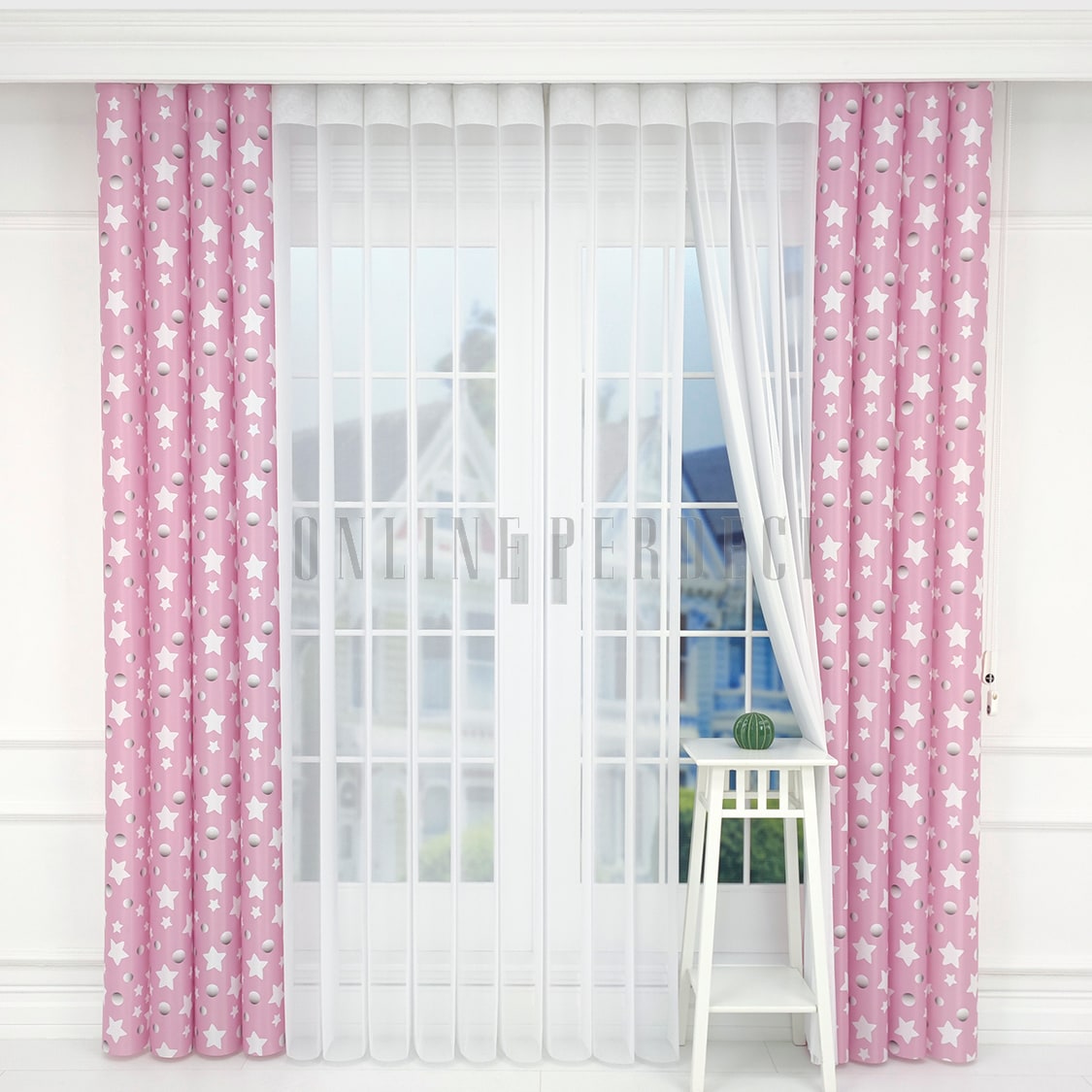 Pembe Yıldızlı Gece Çocuk Odası Dikey Tül Perde