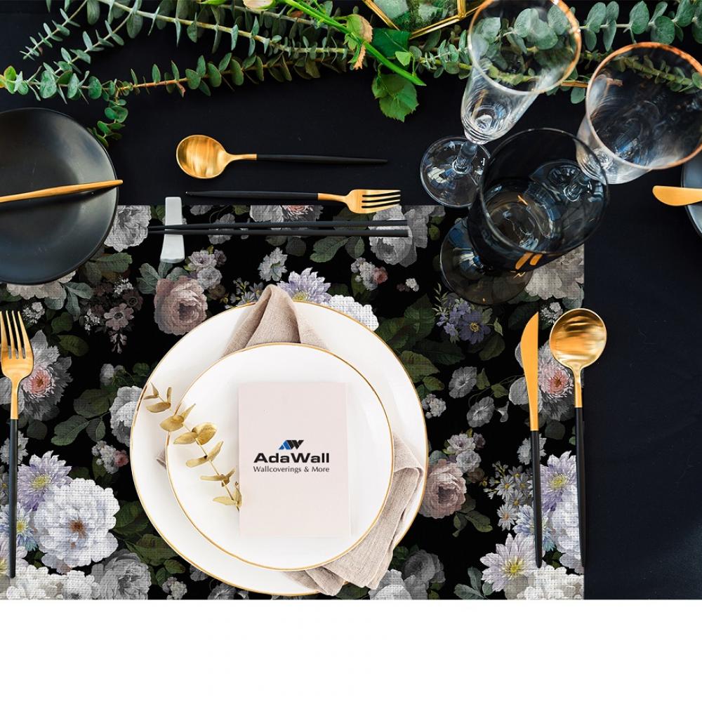 Siyah Zeminde Gül ve Papatya Desenli Lüks Amerikan Servisi - 4'lü Takım (35X50 Cm)