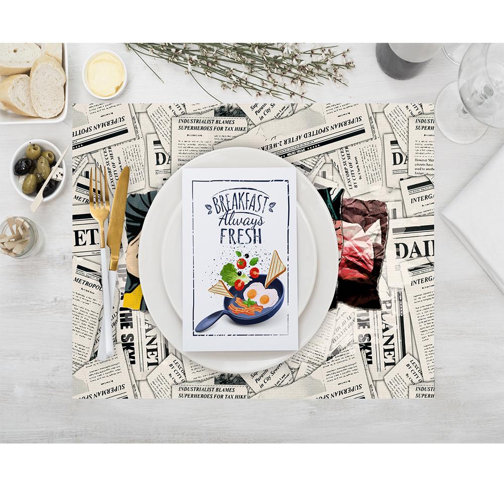 Superman Temalı Retro Gazete Desenli Amerikan Servis – 4'lü Set 30x50 cm