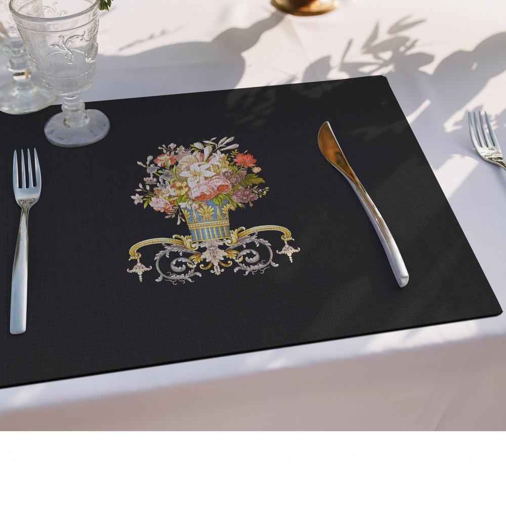 Siyah Zemin Üzerinde Barok Çiçek Desenli Lüks – 4'lü Amerikan Servis (30x50 cm)