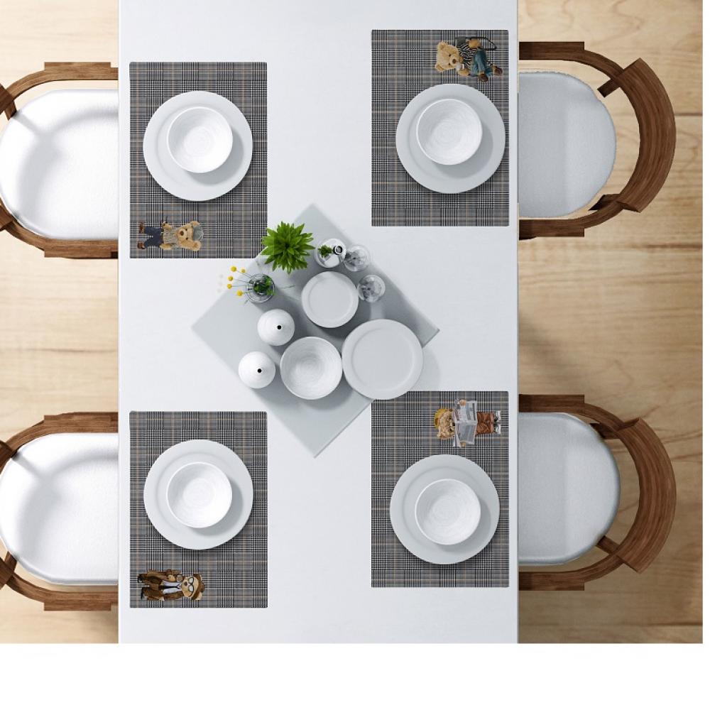 Teddy Gazette Ekose Desenli Ayıcık Baskılı Amerikan Servis – 4'lü Set (35x50 cm)