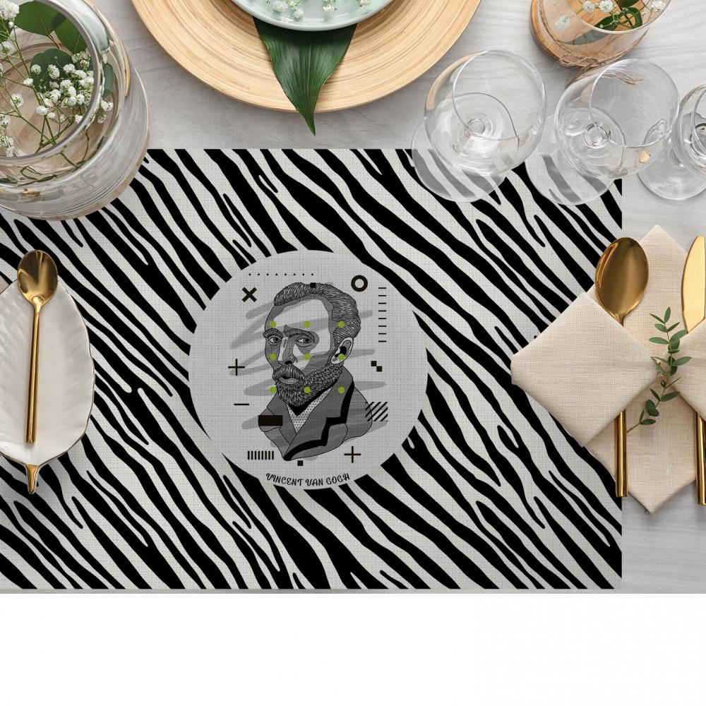 Zebra Desenli İkonik Yıldız Desenli Sanat Baskılı Amerikan Servis – 4’lü Retro Set (30x50 Cm)