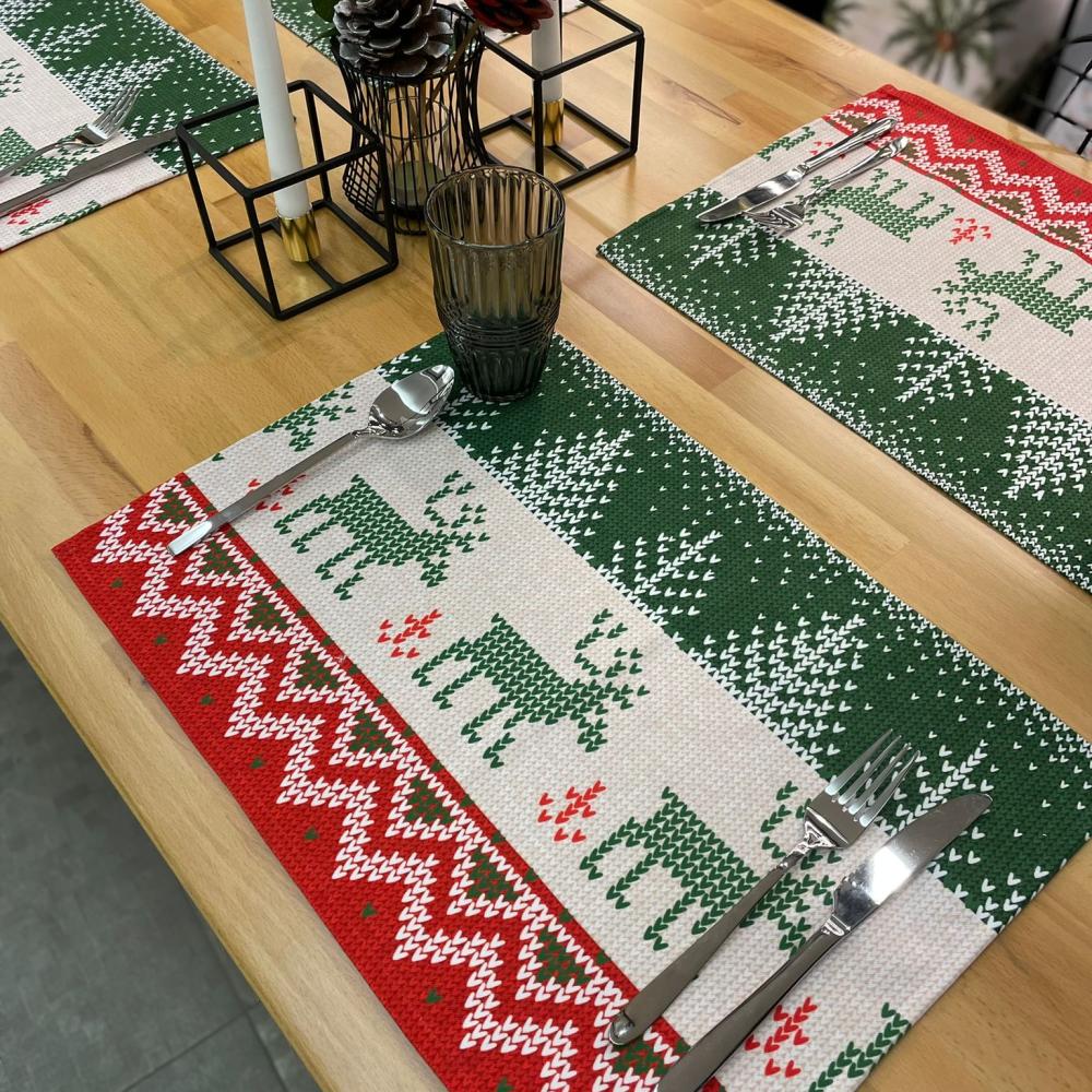 Yılbaşı Temalı Amerikan Servis – Kırmızı Yeşil Geyik Desenli - 4'lü (30x50 cm)